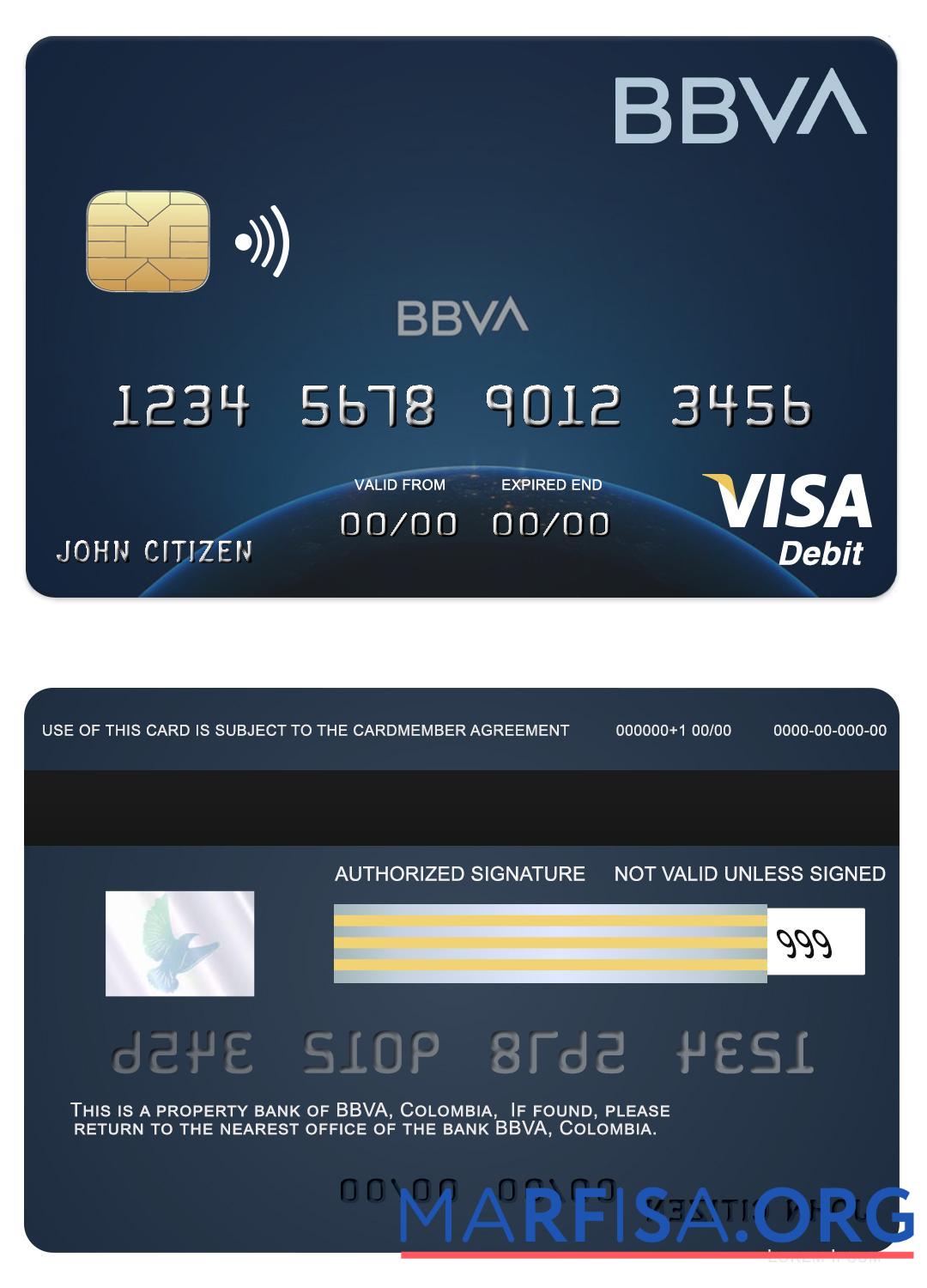 Blank Colombia BBVA bank visa card example